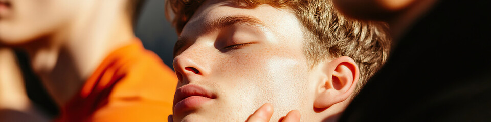 Fototapeta premium Close-up Portrait of Young Man with Freckles, Sunlit Skin, and Hand on Cheek