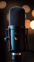 mic on stand with bokeh lights.