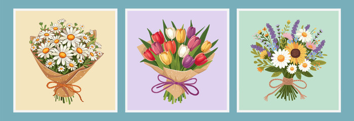 flower bouquets in wrapping and blooming plant. Compositions for a florist shop. Chamomiles, tulip, wild flowers. Happy holidays. Vector illustration isolated on color background.