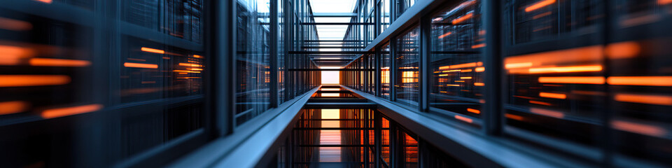 Obraz premium Digital Rendering of Server Room Interior with Orange Lighting