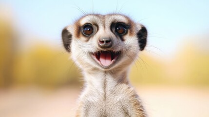 Happy meerkat portrait, African savanna background, wildlife photography, ideal for children's books
