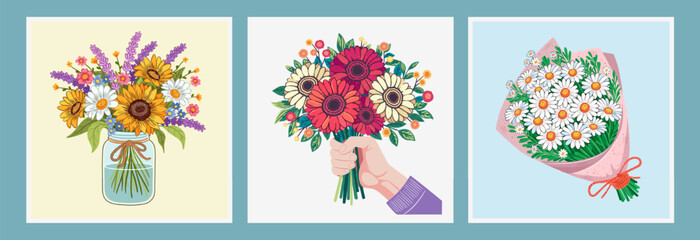 flower bouquets in wrapping and blooming plant. Compositions for a florist shop. Chamomiles, gerberas, wild flowers. Happy holidays. Vector illustration isolated on color background.
