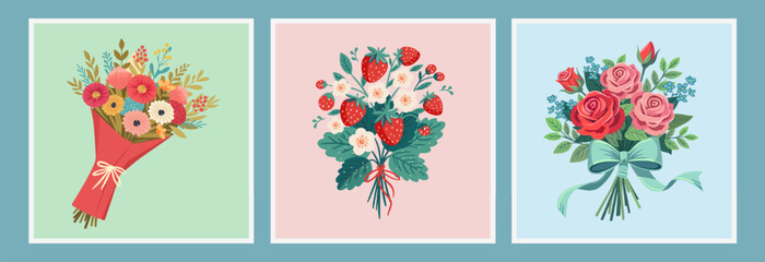 flower bouquets in wrapping and blooming plant. Compositions for a florist shop. roses, gerberas, strawberries. Happy holidays. Vector illustration isolated on color background.