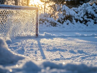 Snow-covered hockey net at sunset.