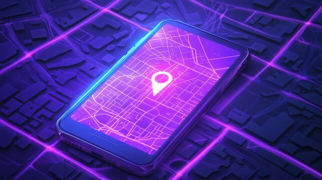 Digital GPS application for smartphones. Geotag sign on city map. Local search optimization, search engine targeting, local SEO strategy concept. Bright vibrant violet vector isolated illustration