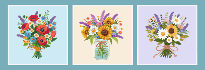 flower bouquets in wrapping and blooming plant. Compositions for a florist shop. sunflowers, chamomile, poppies, wild flowers. Happy holidays. Vector illustration isolated on color background.