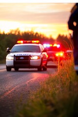 Emergency Response Scene at Sunset, Police Cars Speeding with Flashing Lights on Highway