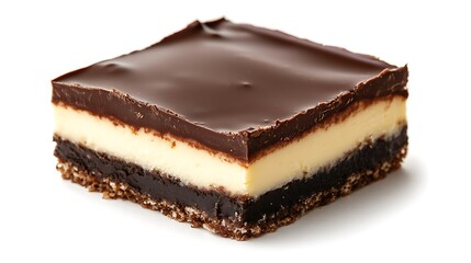 A serving of Nanaimo bars with a rich chocolate topping, creamy custard filling, and a coconut-graham cracker base, neatly arranged on a white isolated background