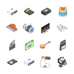 A set of isometric icons of various music, film, and audio equipment.