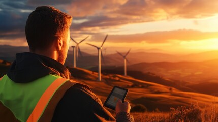 A wind farm on a hillside during sunset, with turbines spinning in the golden light, while workers in safety vests monitor data on handheld devices