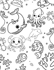 Kids Coloring Page with the Sea Creatures.	