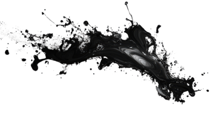 Dramatic black ink splash with splatter effect against clean white backdrop, abstract art, contemporary, isolated element, liquid dynamic motion, dark stain