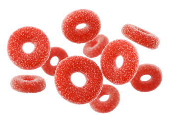 Red gummy ring candies coated with sugar, floating in the air, sweet and chewy fruit-flavored treats, isolated on white background