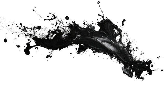Dramatic black ink splash with splatter effect against clean white backdrop, abstract art, contemporary, isolated element, liquid dynamic motion, dark stain - Powered by Adobe