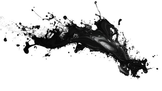 Dramatic black ink splash with splatter effect against clean white backdrop, abstract art, contemporary, isolated element, liquid dynamic motion, dark stain - Powered by Adobe