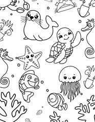 Fototapeta premium Kids Coloring Page with the Sea Creatures. 