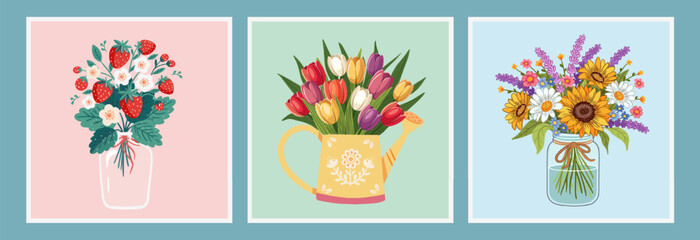 flower bouquets in wrapping and blooming plant in watering can and jar. tulips, sunflowers, strawberries. Happy holidays. Vector illustration isolated on white background.