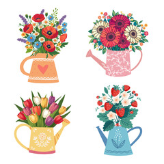 flower bouquets in wrapping and blooming plant in watering can. tulips, gerberas, strawberries, poppies. Happy holidays. Vector illustration isolated on white background.