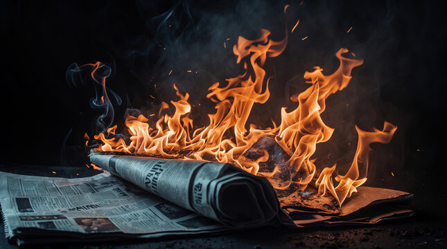 Eine brennende Zeitschrift liegt auf dem Boden. Kontext: schlechte oder falsche Nachrichten k&ouml;nnen eine Katastrophe ausl&ouml;sen.