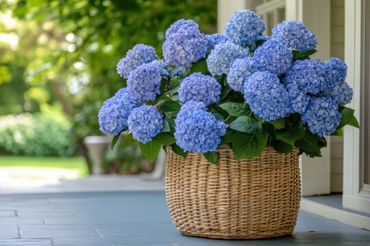 Porch hydrangeas wicker basket summer garden home decor