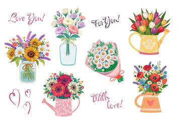 Big set of flower bouquets in wrapping and blooming plant in watering can. tulips, gerberas, chamomile, eustomas, poppies, wild flowers. Vector illustration isolated on white background.