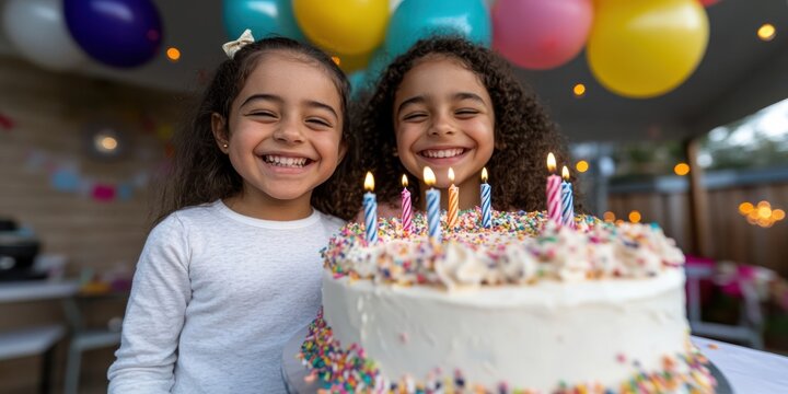 Two young girls joyfully smile with a colorful, candle-lit birthday cake, celebrating amid vibrant balloons in a lively, cheerful environment. - Powered by Adobe