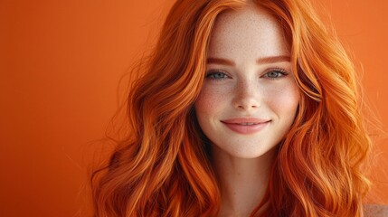 Naklejka premium A young woman poses against a warm orange background, radiating happiness with her bright smile, long wavy red hair, and playful freckles, embodying confidence and joy