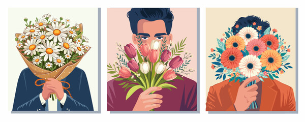 flower bouquets in wrapping and blooming plant hand holding man Compositions for a florist shop. Chamomile, gerberas, tulips. Happy holidays. Vector illustration isolated on color background.