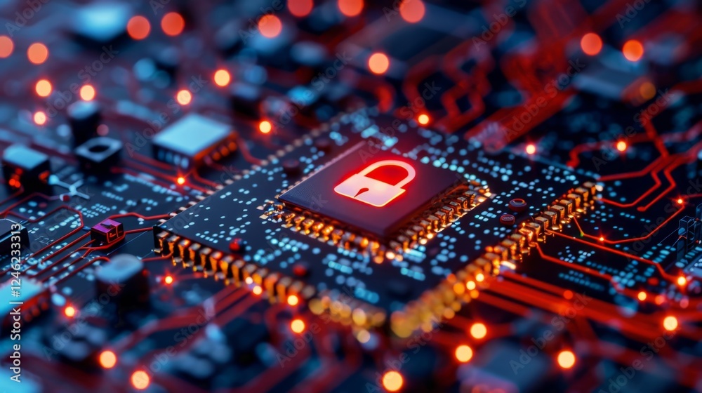 Poster high-tech microchip featuring a secure lock icon on a vibrant circuit board with glowing red lines