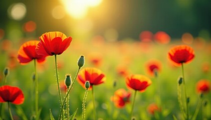 Fototapeta premium Vibrant red poppies bloom in a sun-drenched summer meadow , meadow, countryside, nature