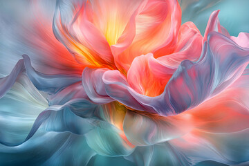 Fototapeta premium Abstract floral artwork featuring vibrant pink, orange, and teal hues, resembling flowing silk or fabric. Perfect for design projects, websites, or as an artistic print.