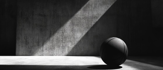 Single black basketball resting on a concrete floor in a dimly lit room, sunbeam shines through a window.