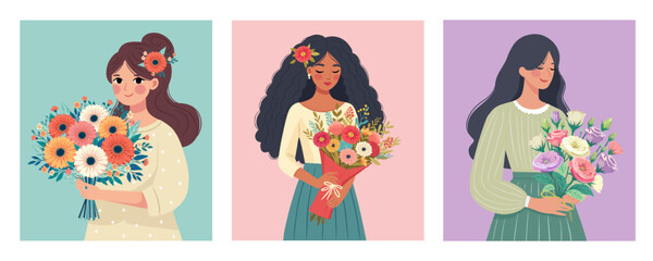 flower bouquets in wrapping and blooming plant hand holding woman Compositions for a florist shop. gerberas, wild flowers, eustomas. Happy holidays. Vector illustration isolated on color background.