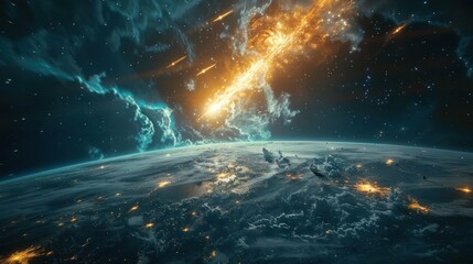 Stunning cosmic scene depicting a fiery meteor shower over a vibrant Earth, highlighting celestial activity