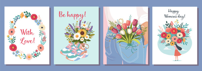 Set of Beauty, gift, love hug concept. Young woman girl cartoon hiding behind the bouquet of flowers. Happy holidays. Vector illustration isolated on color background.