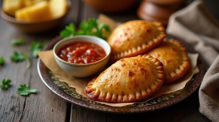 Freshly baked empanadas with spiced meat and cheese on a cozy table setting