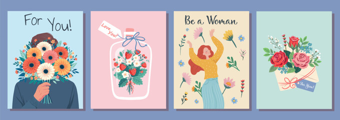 Set of Gift, Beauty, love hug concept. Young woman girl cartoon hiding behind the bouquet of flowers. Happy holidays. Vector illustration isolated on color background.