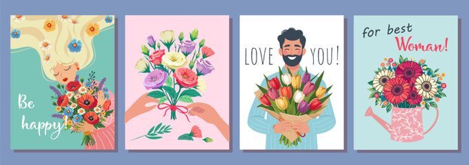 Set of Love, Beauty, gift, hug concept. Young woman girl cartoon hiding behind the bouquet of flowers. Happy holidays. Vector illustration isolated on color background.