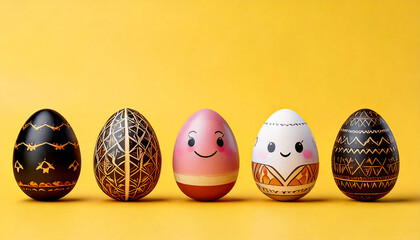 Smiling and cheerful easter eggs with patterns on a light background with space for text, wallpaper