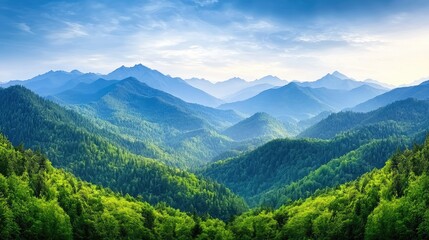 Obraz premium Majestic mountain range, sunlit peaks, lush forests, scenic vista, travel poster