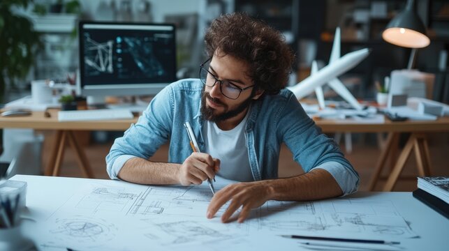 A young aerospace engineer working on a rocket prototype, surrounded by blueprints and 3D models in a cutting-edge design studio