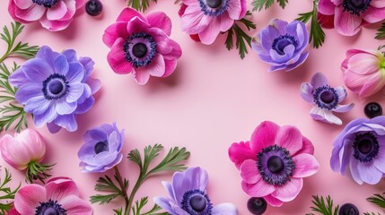 Vibrant arrangement of colorful anemone flowers on a soft pink background, ideal for spring themes