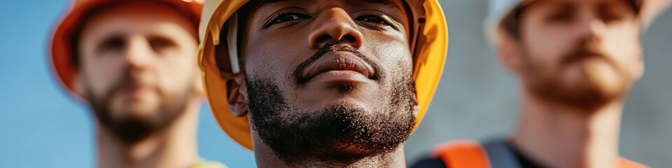 Obraz premium Close-up Portrait of Construction Worker in Yellow Hard Hat with Background Figures