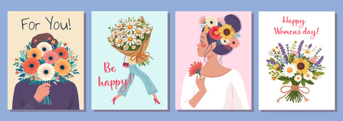Set of Love, gift, Beauty, hug concept. Young woman girl cartoon hiding behind the bouquet of flowers. Happy holidays. Vector illustration isolated on color background.