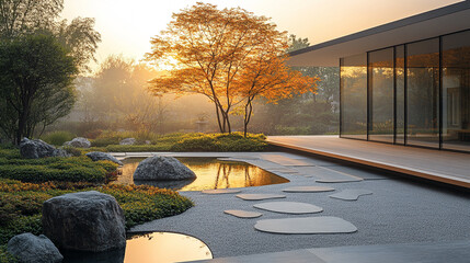 Obraz premium Serene Autumn Garden Modern Minimalist House Design Landscape Architecture Zen Grey Trees Rocks 