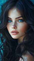 Naklejka premium Portrait of a woman with long dark hair and blue eyes.