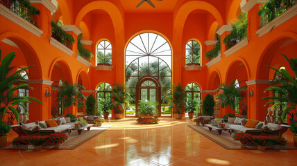 Obraz premium Modern Interior of living room with green houseplants and sofas