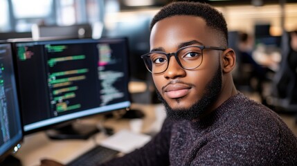 A young AI programmer working at a desk in an open-plan office, surrounded by multiple monitors displaying complex algorithms and data streams