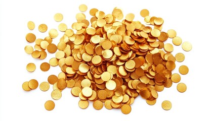 Gold coins scattered, white background, wealth, prosperity