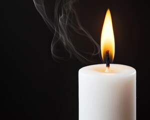 A lit white candle emits a warm glow, with wispy smoke curling upward against a dark background.